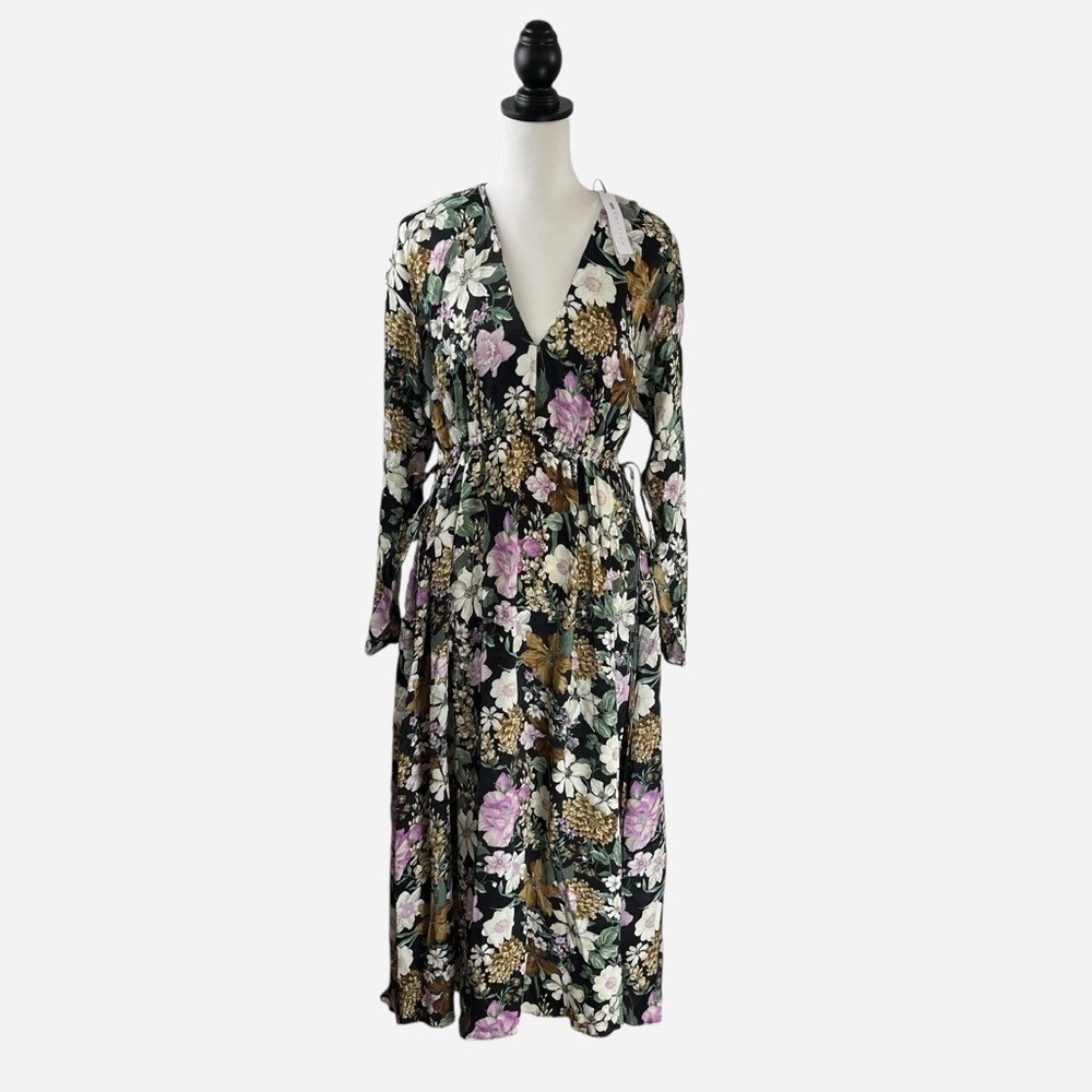 ASOS Black Floral Midi Dress with Pink & Green Print